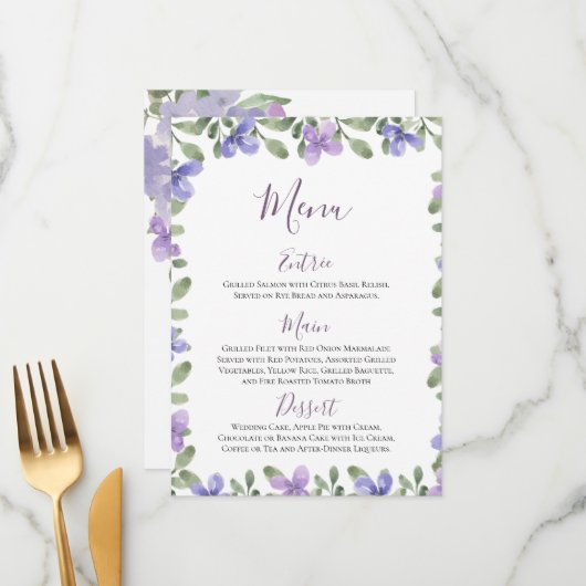 Elegant Lilac Dusty Blue Floral Wedding Reception Menükarte (Vorderseite/Rückseite Beispiel)