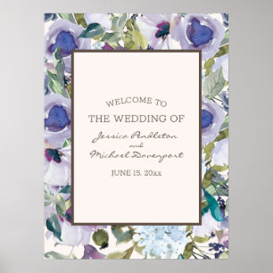 Elegant Lilac Dusty Blue Floral Wedding Willkommen Poster