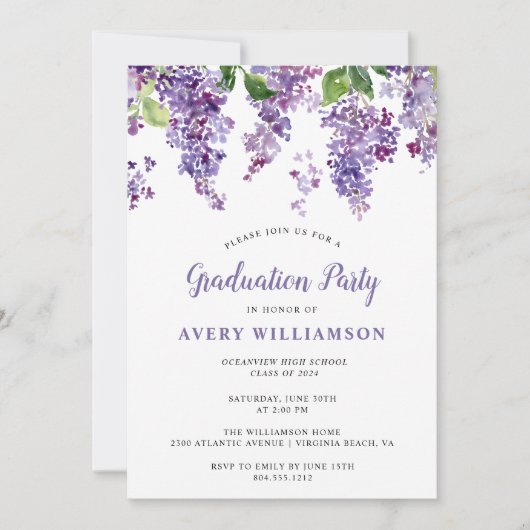 Elegant Lilac Floral Graduation Party Einladung (Vorderseite)