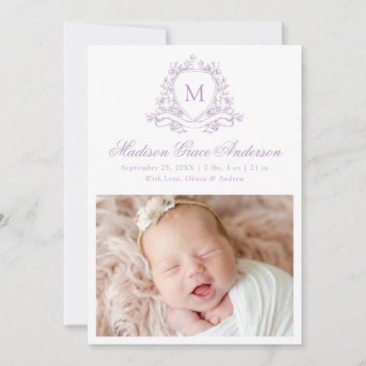Elegant Lilac Floral Wappen Monogram 4 Foto Birth Ankündigung (Vorderseite)