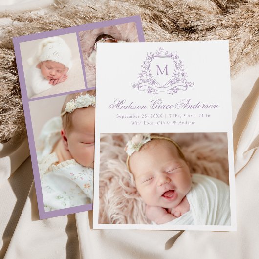 Elegant Lilac Floral Wappen Monogram 4 Foto Birth Ankündigung