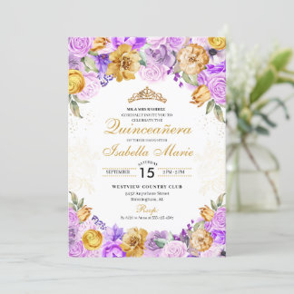 Elegant Lilac & Gold Floral Quinceanera Geburtstag Einladung