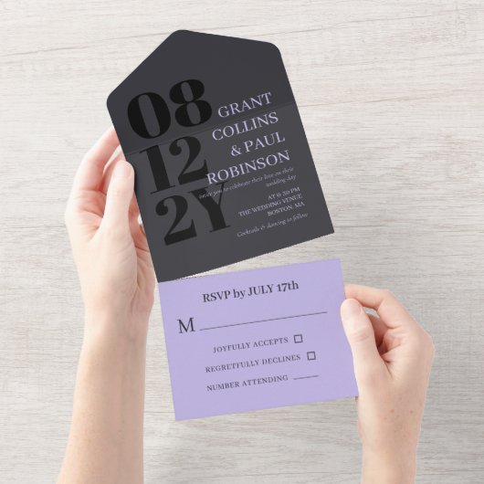 Elegant Lilac & Gray Typografy Wedding All In One Einladung (Abreißen)