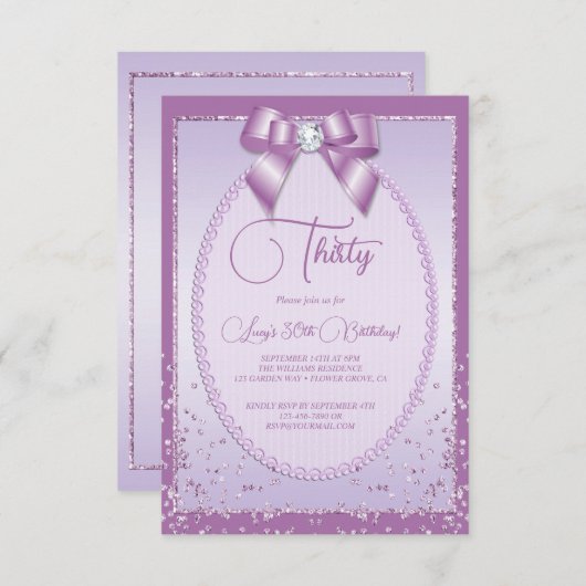 Elegant Lilac Jewel Bow & Confetti Geburtstag Einladung (Vorne/Hinten)