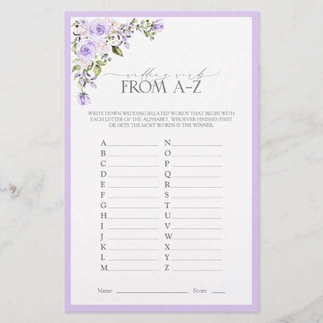 Elegant Lilac Lavender Floral Brautparty Game (Vorderseite)