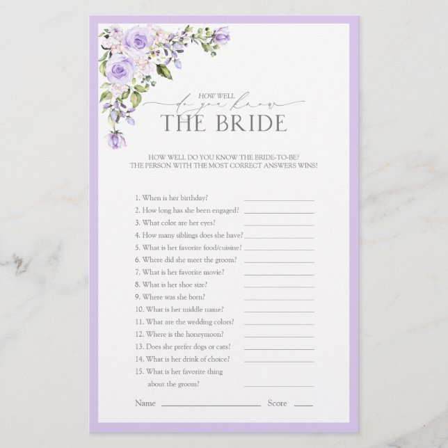 Elegant Lilac Lavender Floral Brautparty Game (Vorderseite)