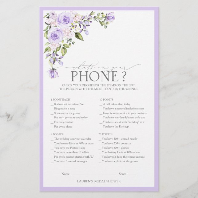 Elegant Lilac Lavender Floral Brautparty Game (Vorderseite)