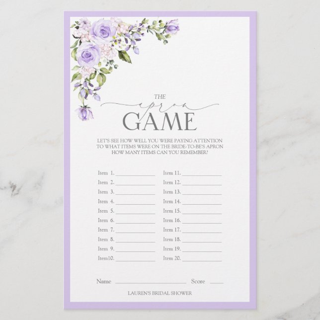 Elegant Lilac Lavender Floral Brautparty Game (Vorderseite)
