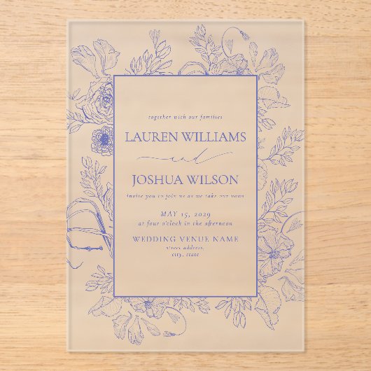 Elegant Lilac Lavender Floral Line Kunst Hochzeit Acryleinladungen (Vorderseite)