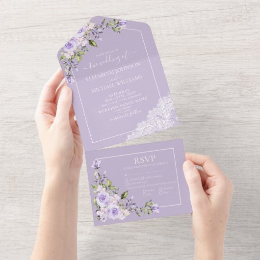 Elegant Lilac Lavender Rustic Lace Wedding All In One Einladung (Abreißen)