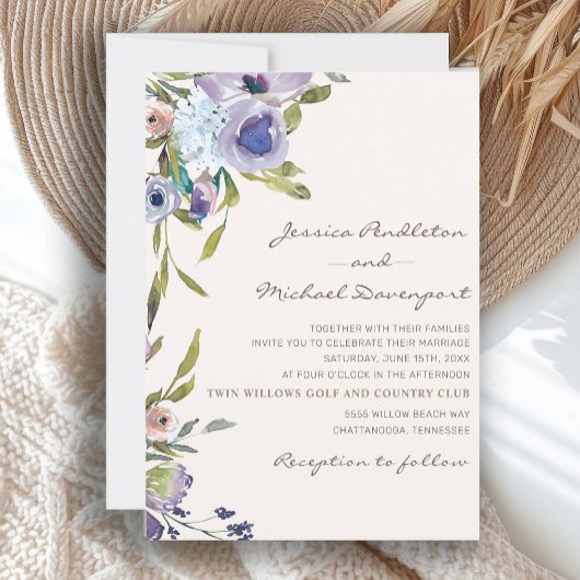 Elegant Lilac Lila Dusty Blue Floral Wedding Einladung