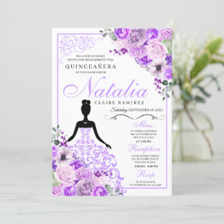 Elegant Lilac Lila Floral Quinceanera Geburtstag Einladung