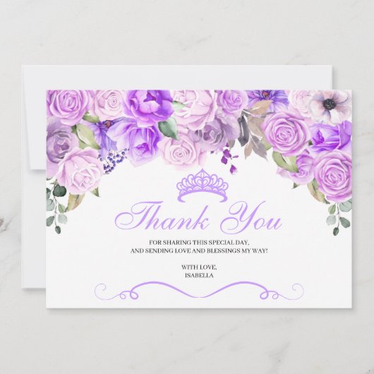 Elegant Lilac Lila Floral Quinceanera Vielen Dank Dankeskarte (Vorderseite)