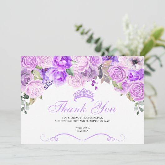 Elegant Lilac Lila Floral Quinceanera Vielen Dank Dankeskarte (Stehend Vorderseite)