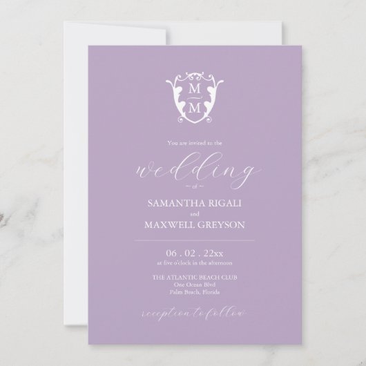 Elegant Lilac Lila Monogram Wedding Einladungen (Vorderseite)