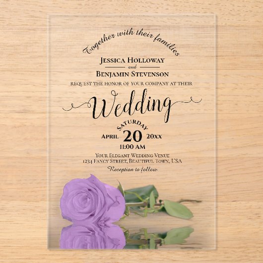 Elegant Lilac Lila Rose Lacy Calligraphy Wedding Acryleinladungen (Vorderseite)