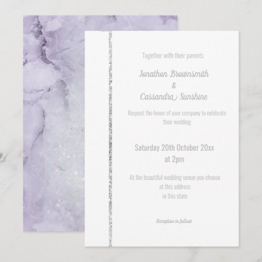 ELEGANT LILAC MARBLE SILVER SPARKLE WEDING EINLADUNG (Vorne/Hinten)
