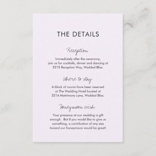 Elegant Lilac Moderne Hochzeit Begleitkarte (Vorderseite)