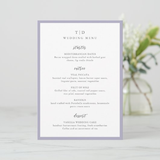 Elegant Lilac Monogram Modern Wedding Menükarte (Stehend Vorderseite)