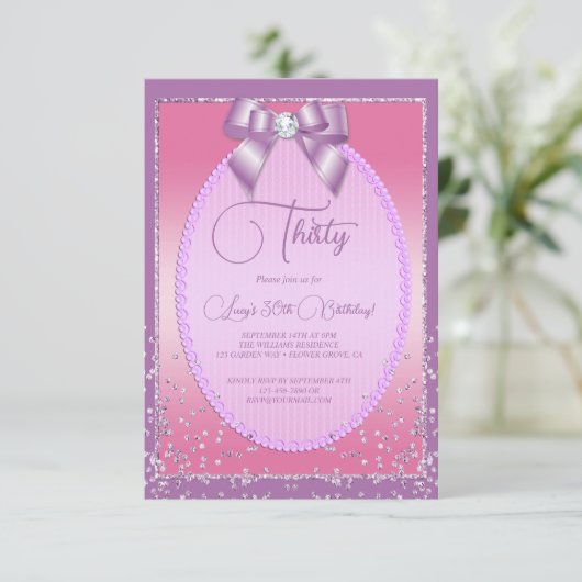 Elegant Lilac & Pink Jewel Bow & Confetti Geburtst Einladung (Stehend Vorderseite)