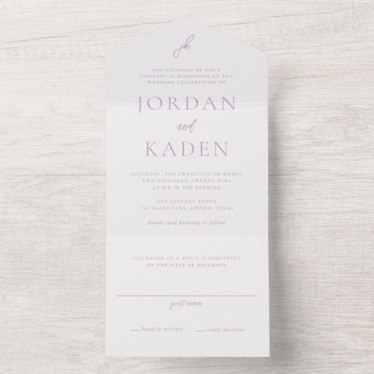 Elegant Lilac Script Monogram Wedding All In One Einladung (Innen Boden)