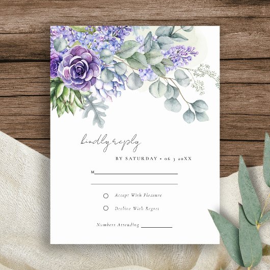 Elegant Lilac Succulent Eucalyptus Foliage Wedding RSVP Karte