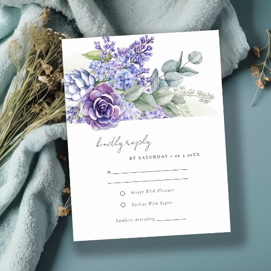 Elegant Lilac Succulent Eucalyptus Foliage Wedding RSVP Karte
