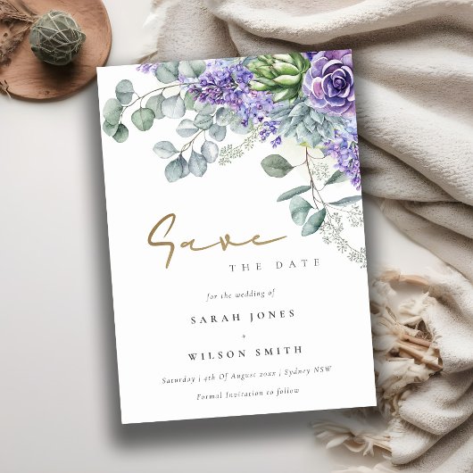 Elegant Lilac Succulent Eukalyptus Botanischer Bun Save The Date