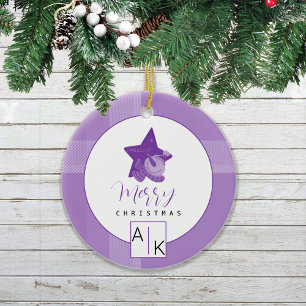 Elegant Lilac Violet Tartan Monogram Keramik Ornament