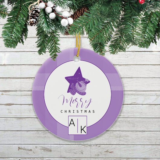 Elegant Lilac Violet Tartan Monogram Keramik Ornament