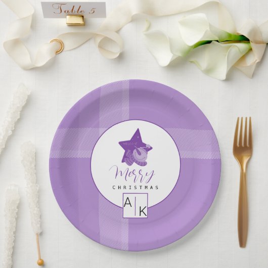 Elegant Lilac Violet Tartan Monogram Pappteller (Hochzeit)