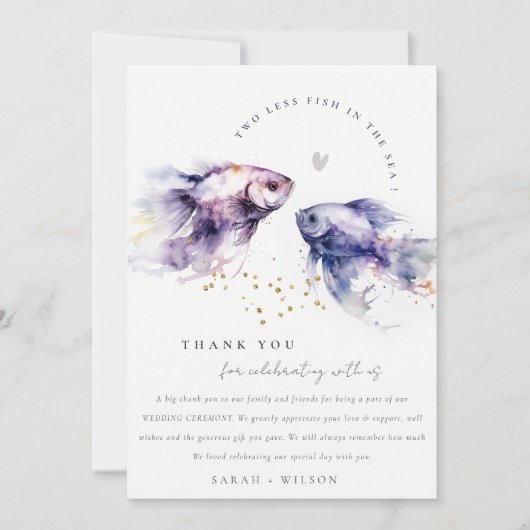 Elegant Lilac Watercolor Coastal Fish Wedding Dankeskarte (Vorderseite)