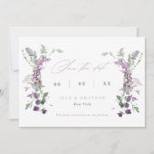 Elegant Lilac Wildblumen Hochzeitsstichtrafcode Save The Date (Vorderseite)