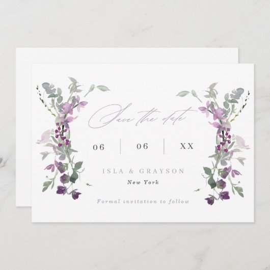 Elegant Lilac Wildblumen Hochzeitsstichtrafcode Save The Date (Vorne/Hinten)