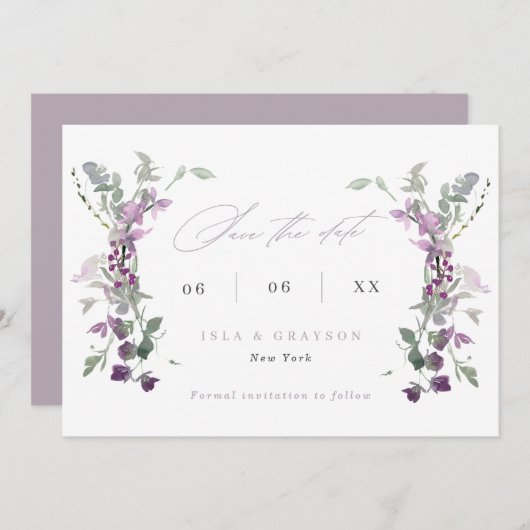 Elegant Lilac Wildflowers Wedding Save The Date (Vorne/Hinten)