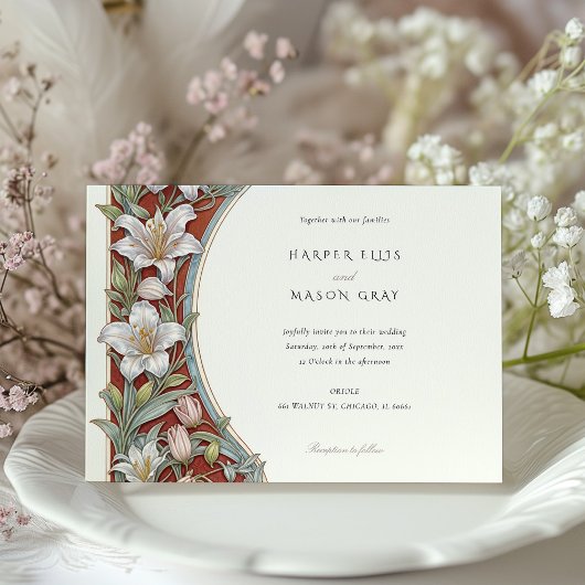 Elegant Lilies Art Nouveau Wedding Ivory Red Einladung