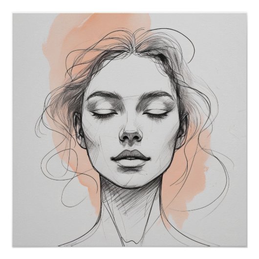 Elegant Line Art Female Portrait Poster – Soft Pea (Vorderseite)