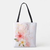 Elegant Line Art Woman with Tropical Flowers – Min Tasche (Rückseite)