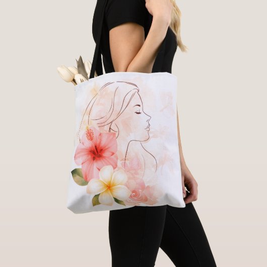 Elegant Line Art Woman with Tropical Flowers – Min Tasche (Von Nahem)