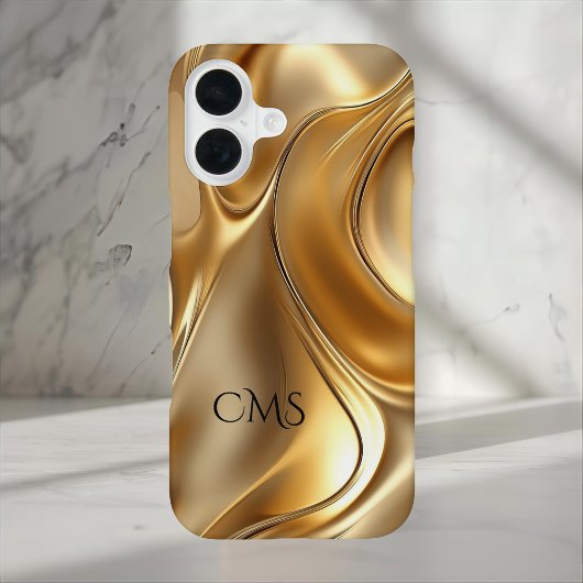 Elegant Liquid Gold Abstract Black Monogrammed iPhone 16 Hülle