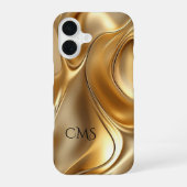 Elegant Liquid Gold Abstract Black Monogrammed iPhone 16 Hülle (Rückseite)