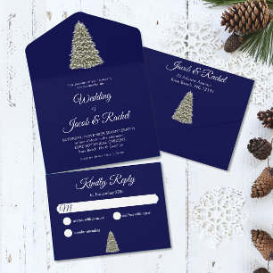 Elegant Lit Christmas Tree Midnight Blue Wedding All In One Einladung