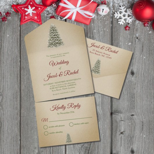 Elegant Lit Christmas Tree on Kraft Paper Wedding All In One Einladung