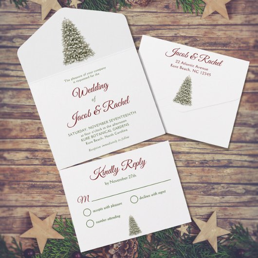 Elegant Lit Weihnachtsbaum Red & Green Wedding All In One Einladung