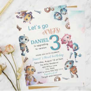 Elegant Little Robot Watercolor Baby 3 Birthday P Einladung