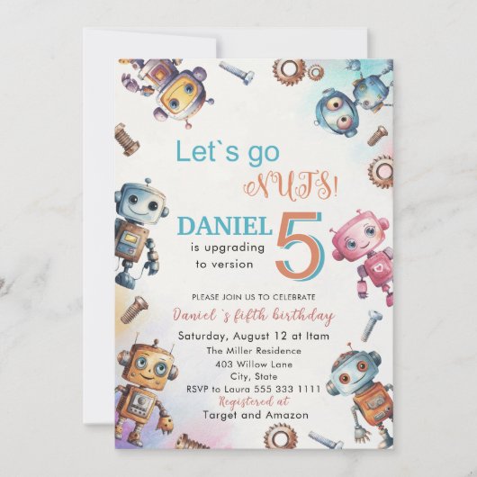 Elegant Little Robot Watercolor Baby Birthday Par Einladung (Vorderseite)