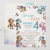 Elegant Little Robot Watercolor Baby Birthday Par Einladung (Vorne/Hinten)