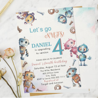 Elegant Little Robot Watercolor Baby Birthday Par Einladung