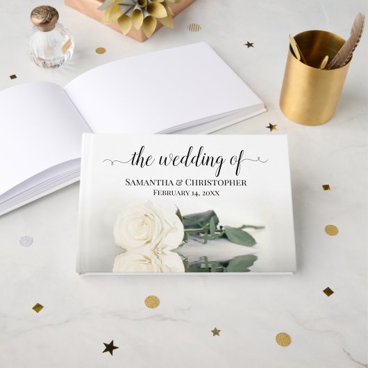 Elegant Long Stemmed Ivory White Rose Wedding Gästebuch (Vorderseite Offen)
