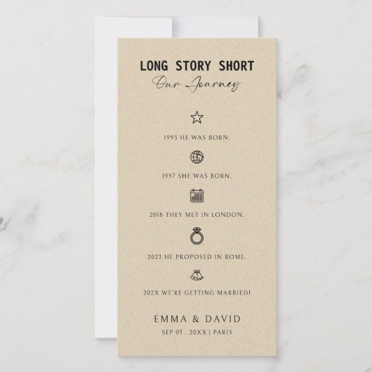 Elegant Long Story Short Romantic Timeline Wedding Save The Date (Vorderseite)